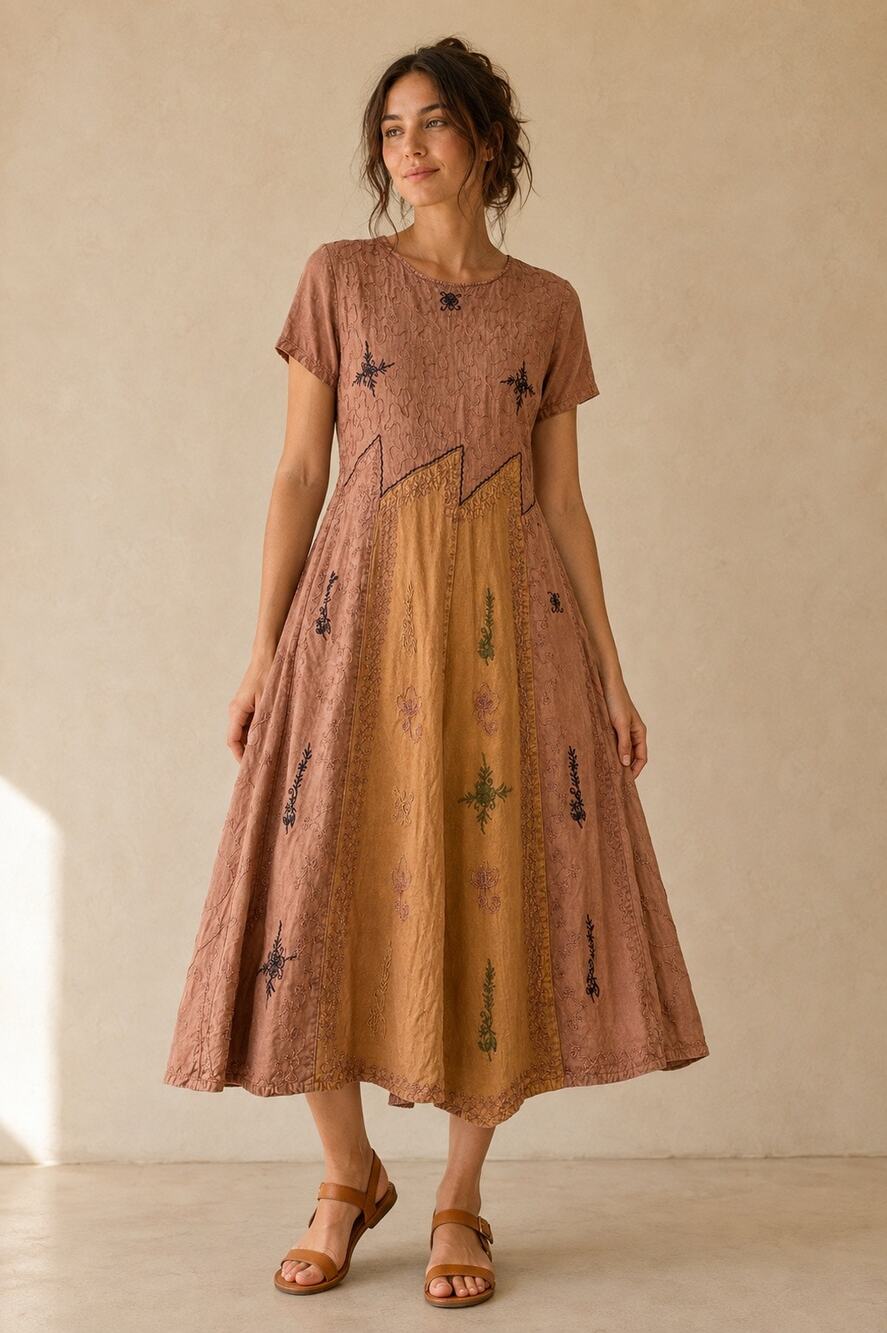 ANU Boho Embroidered Patchwork Maxi Dress Rust Brown Rayon Free Size